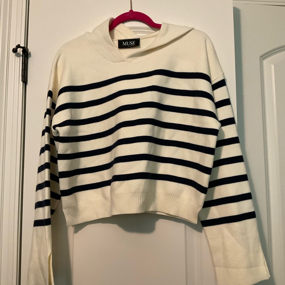 Muse Women's Cowl Neck Sweater - Cream and Black Stripes